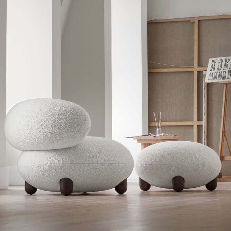 Japandi white boucle sherpa moon accent chair with round wood legs and matching ottoman