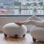 Japandi white boucle sherpa moon accent chair with round wood legs and matching ottoman