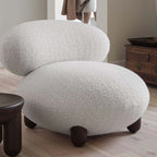 Japandi white boucle sherpa moon accent chair with round wood legs and matching ottoman