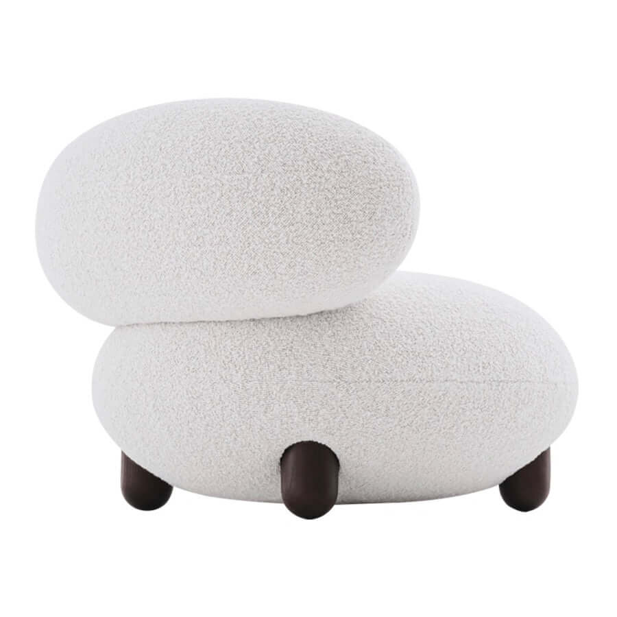 Japandi white boucle sherpa moon accent chair with round wood legs and matching ottoman