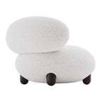 Japandi white boucle sherpa moon accent chair with round wood legs and matching ottoman