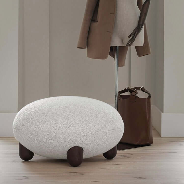 Japandi white boucle sherpa moon accent chair with round wood legs and matching ottoman