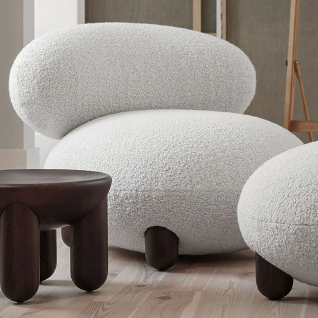 Japandi white boucle sherpa moon accent chair with round wood legs and matching ottoman