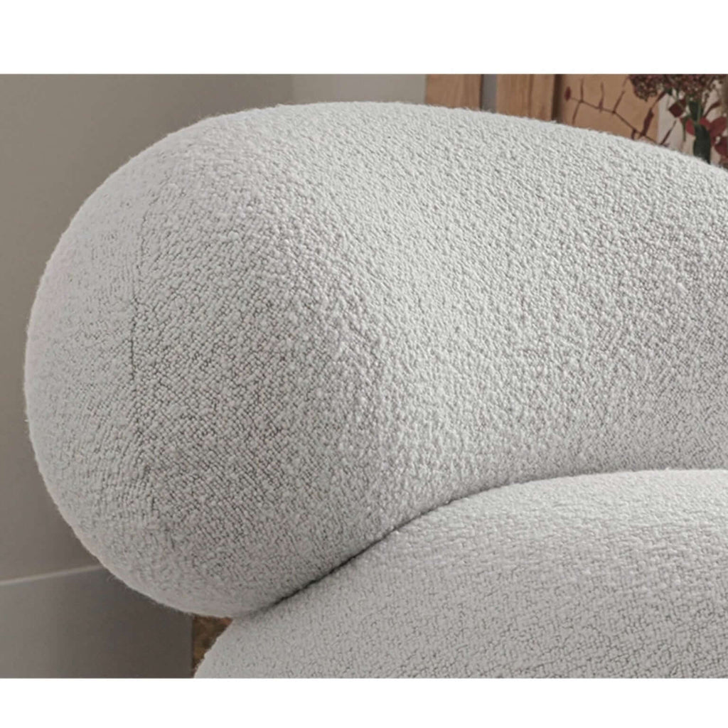 Japandi white boucle sherpa moon accent chair with round wood legs and matching ottoman