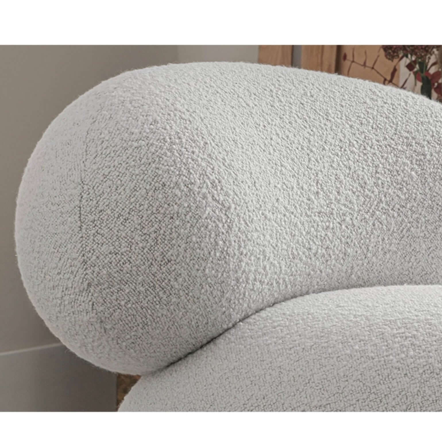 Japandi white boucle sherpa moon accent chair with round wood legs and matching ottoman