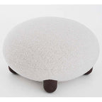 Japandi white boucle sherpa moon accent chair with round wood legs and matching ottoman