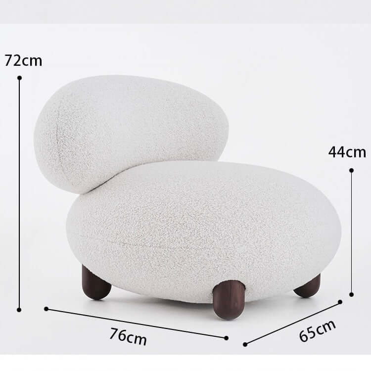 Japandi white boucle sherpa moon accent chair with round wood legs and matching ottoman