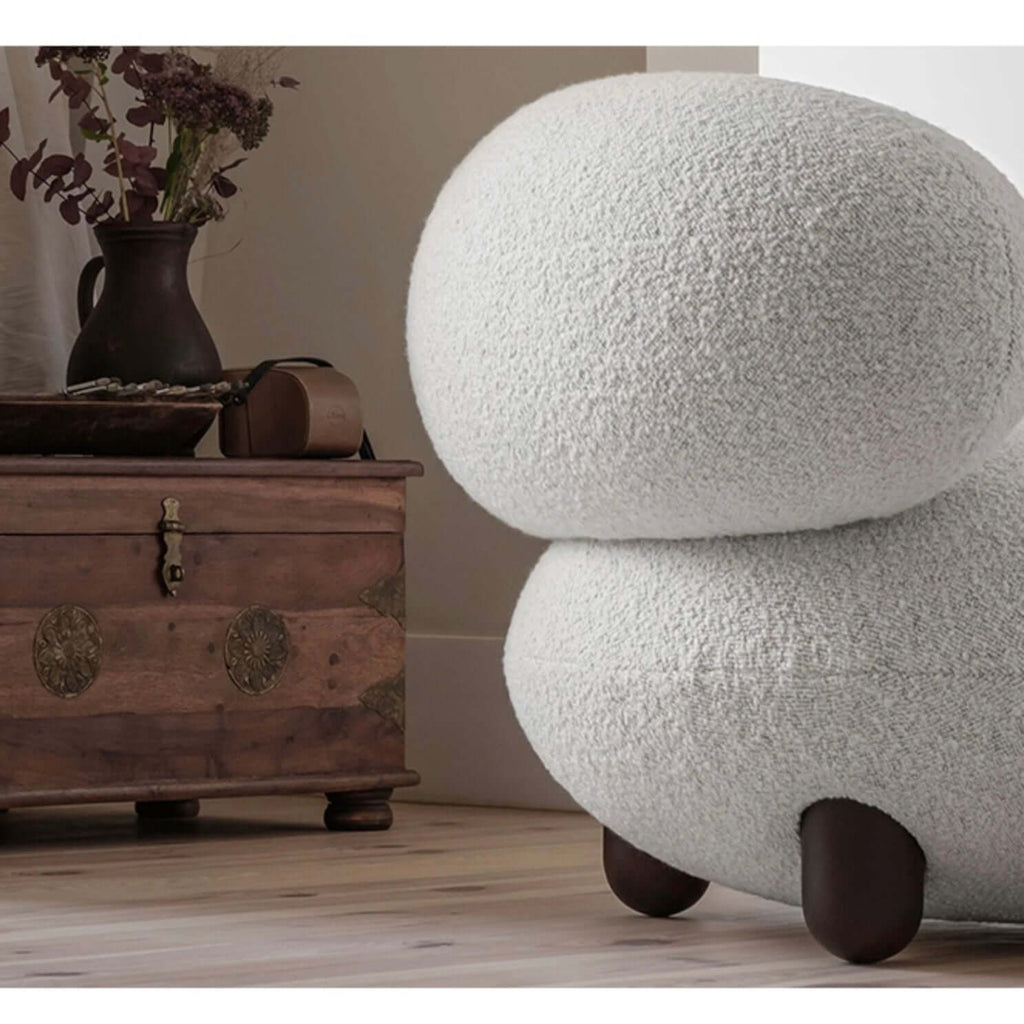 Japandi white boucle sherpa moon accent chair with round wood legs and matching ottoman