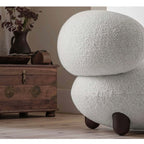 Japandi white boucle sherpa moon accent chair with round wood legs and matching ottoman