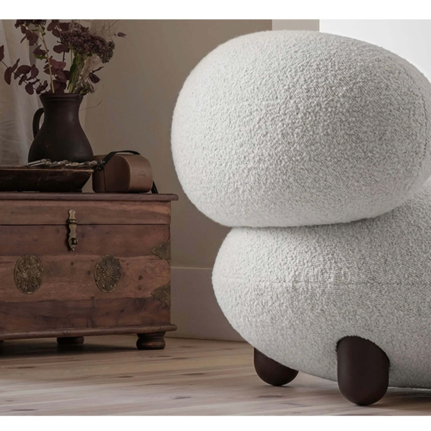 Japandi white boucle sherpa moon accent chair with round wood legs and matching ottoman
