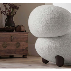 Cozy Japandi White Boucle Sherpa Moon Accent Chair with Round Wooden Legs