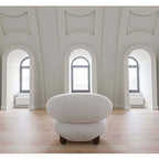 Japandi white boucle sherpa moon accent chair with round wood legs and matching ottoman