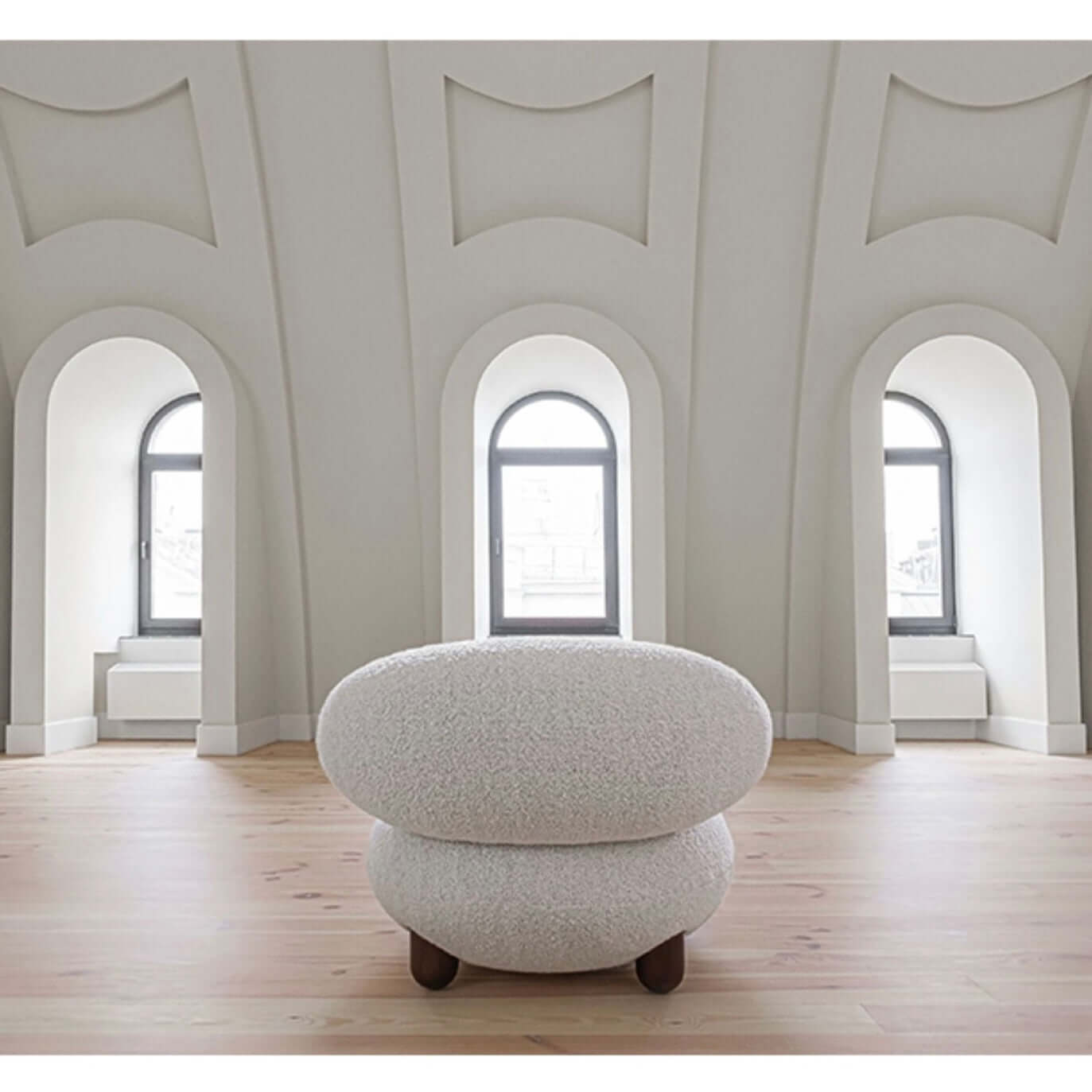 Japandi white boucle sherpa moon accent chair with round wood legs and matching ottoman