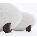 Japandi white boucle sherpa moon accent chair with round wood legs and matching ottoman