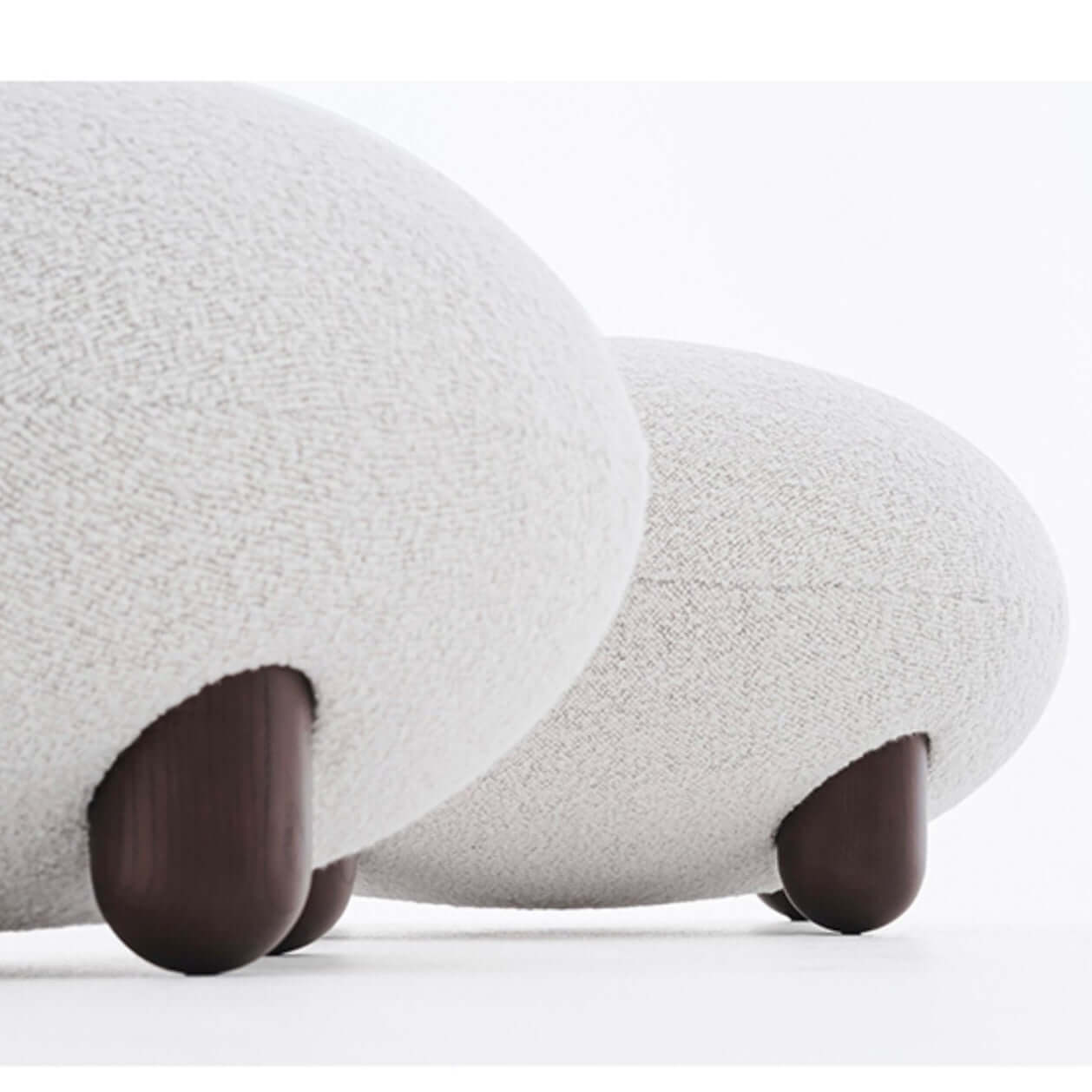 Japandi white boucle sherpa moon accent chair with round wood legs and matching ottoman