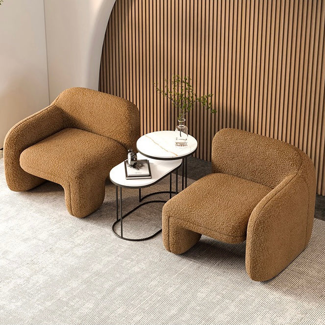 Modern White/Brown Boucle Sherpa Accent Chair Shaggy Armchair Sofa Set for Living Room