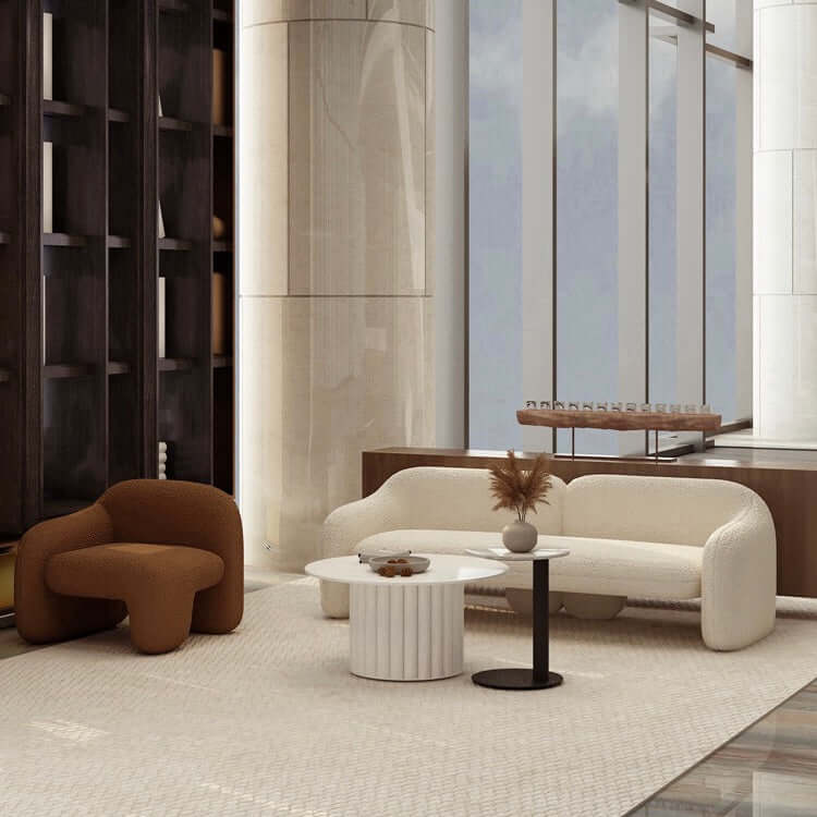 White and brown boucle sherpa accent chair with shaggy texture, perfect for living room seating