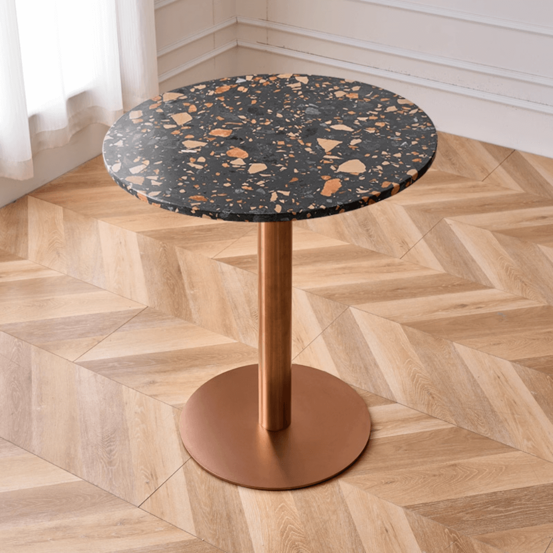 Modern marble table with sturdy metal base, perfect for adding a timeless aesthetic to any space
