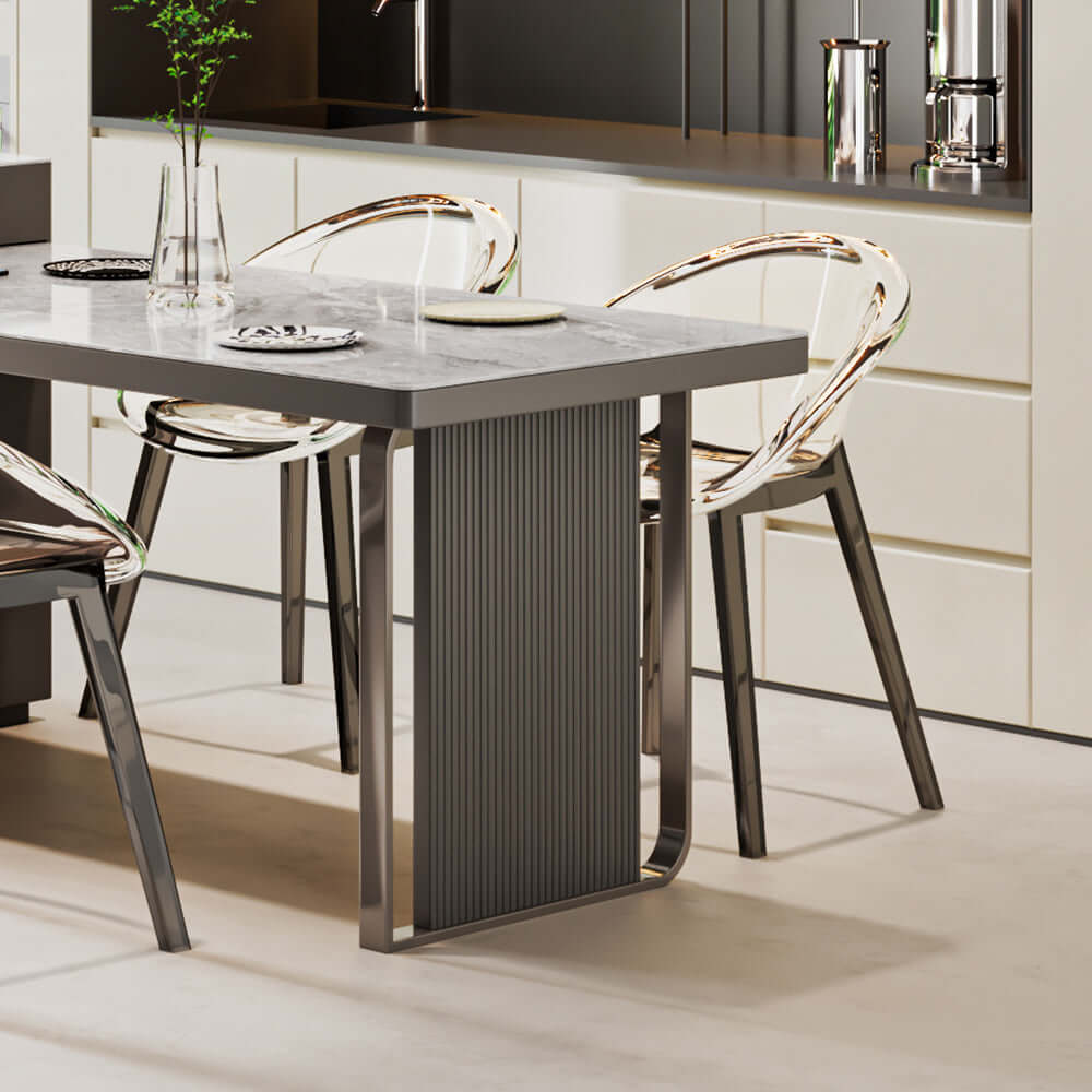 Extendable Slate Island dining table with integrated storage cabinet for versatile space-saving