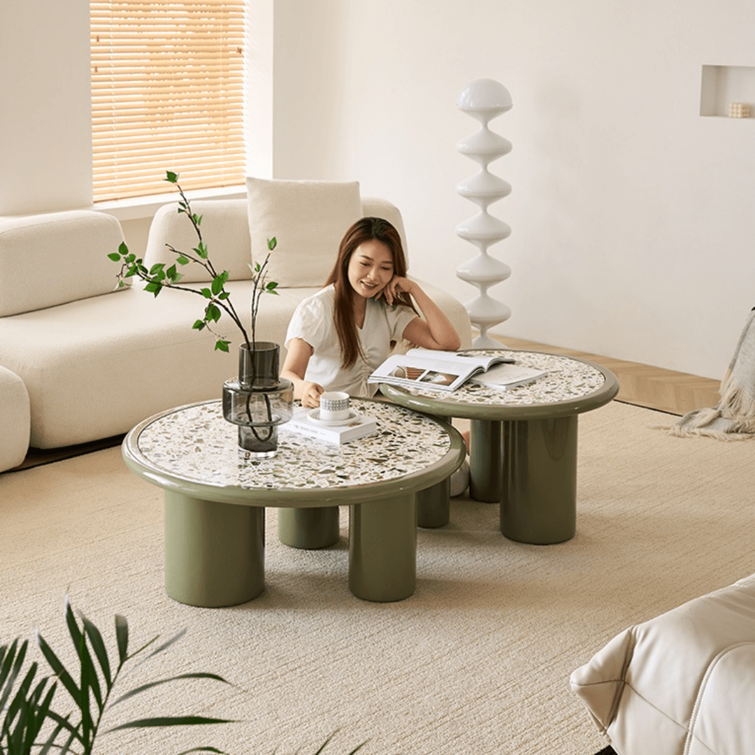 Green terrazzo coffee table set with modern design for stylish living rooms