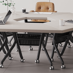 Geometrically Designed Solid Wood Multifunctional Meeting Table with Movable Wheels