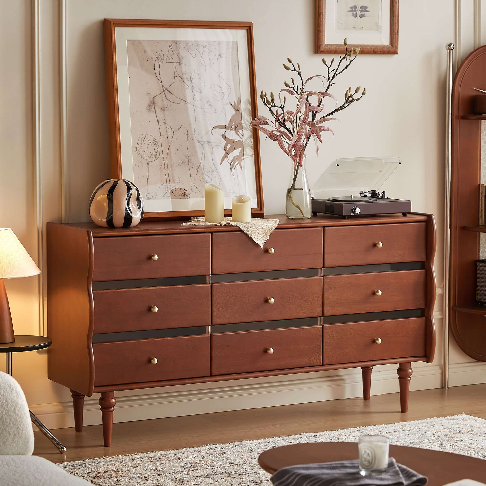 Solid wood chest with six or nine drawers for entryway storage and organization