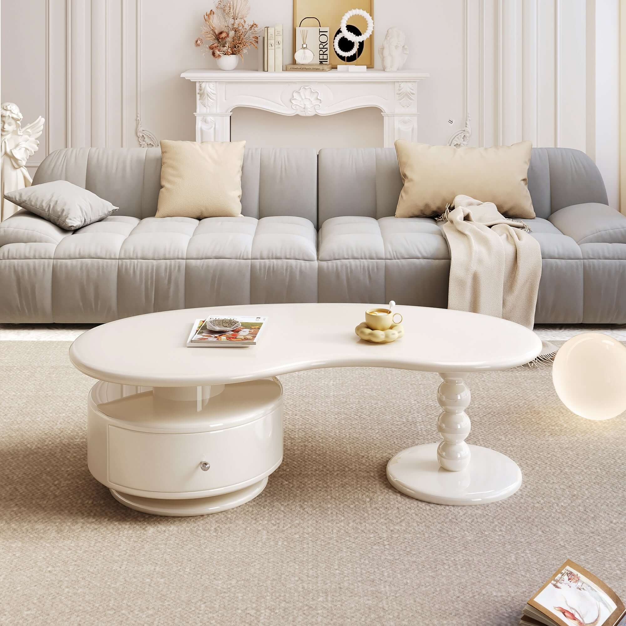 White modern coffee table with storage compartments, perfect for creative living spaces
