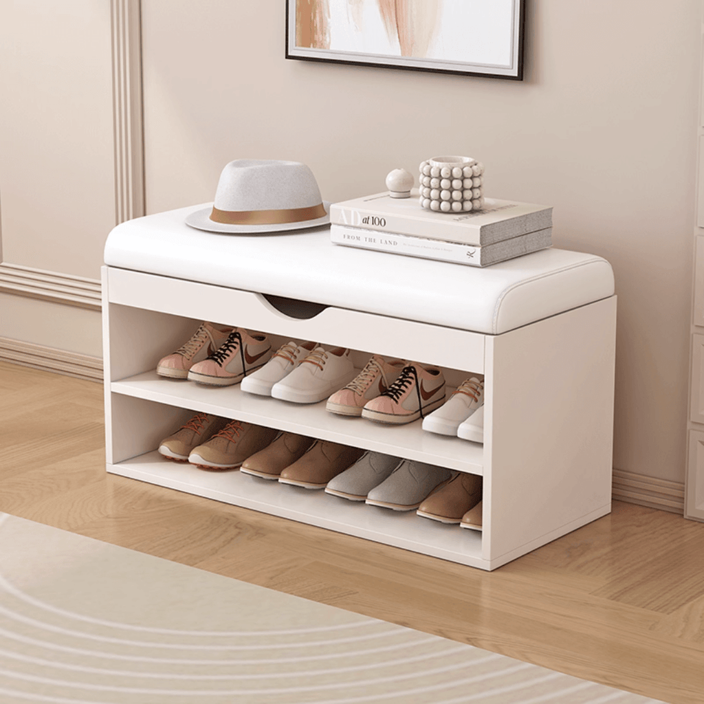 Modern white and orange shoe bench with upholstered seat and space-saving storage