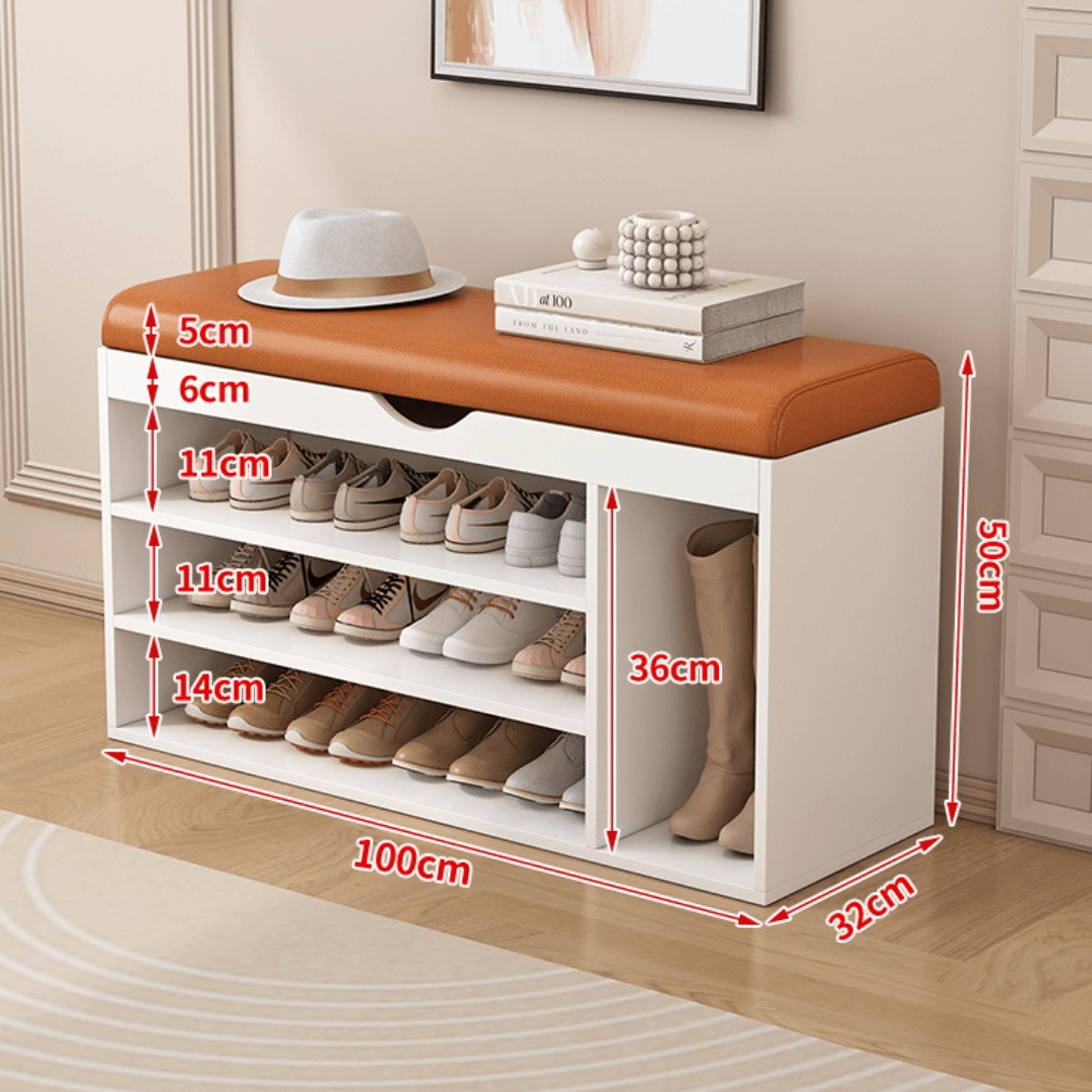 Modern white and orange shoe bench with upholstered seat and space-saving storage