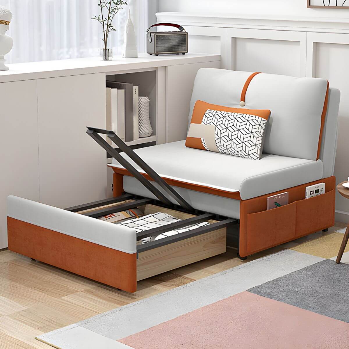 Orange polyester blend sleeper sofa with steel frame and casters, modern futon for versatile seating