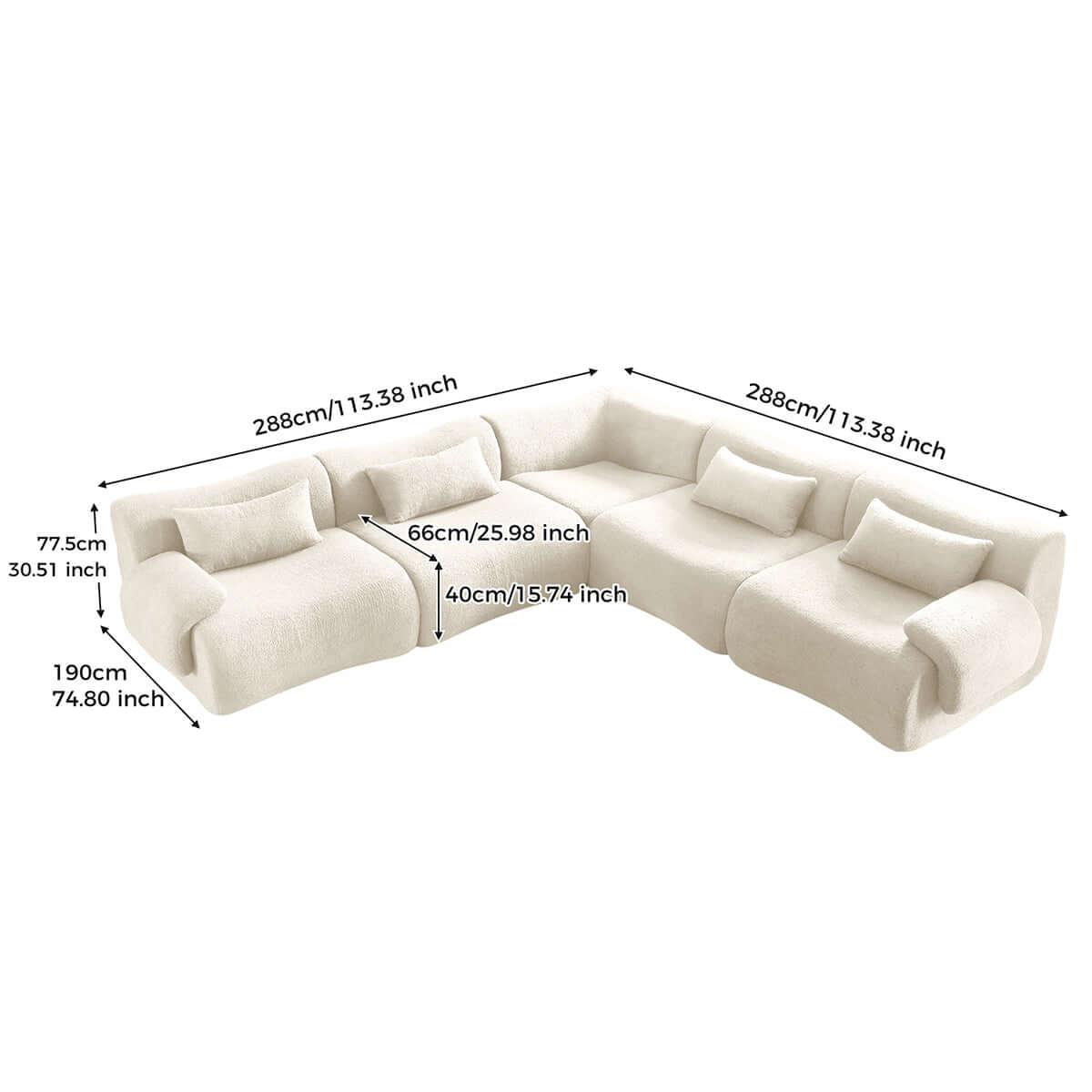 Modern sectional sofa upholstered in soft teddy velvet fabric with modular design
