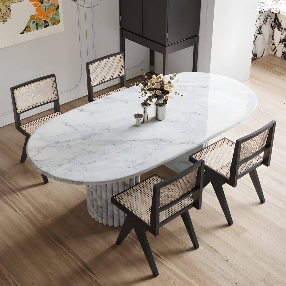 Modern oval marble dining table with white double pedestal base for stylish dining rooms