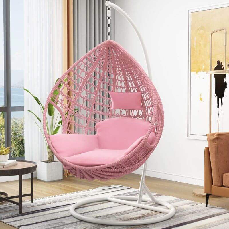Oxidation resistant tropical magenta and grey basket alloy framed porch swing with stand and cushions