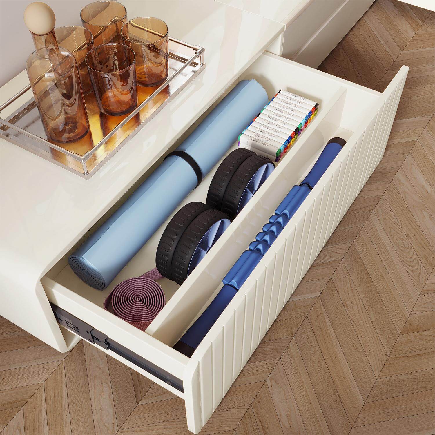 Beige minimalist TV stand and entertainment center with storage drawers for living room