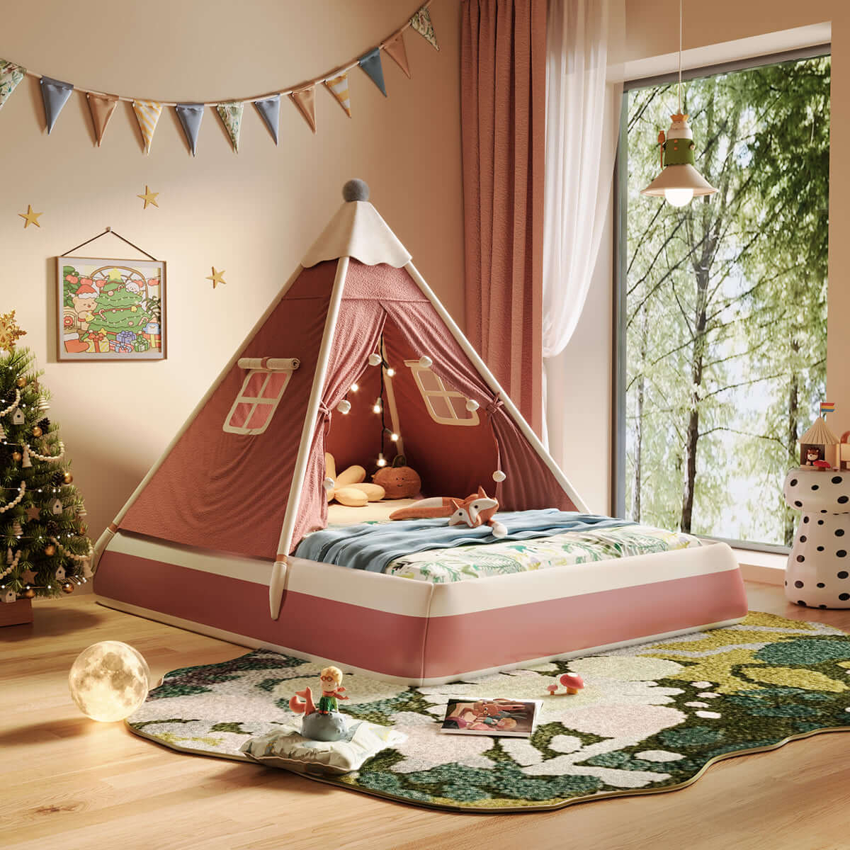 Christmas-themed upholstered kids tent bed providing a safe and festive play and rest space