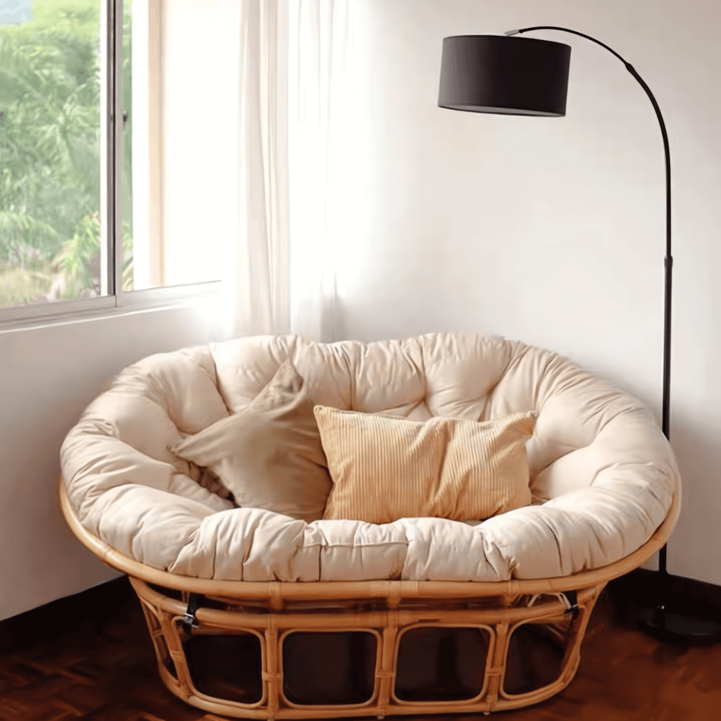 Cozy natural rattan papasan chair available in single or double size for comfortable lounging