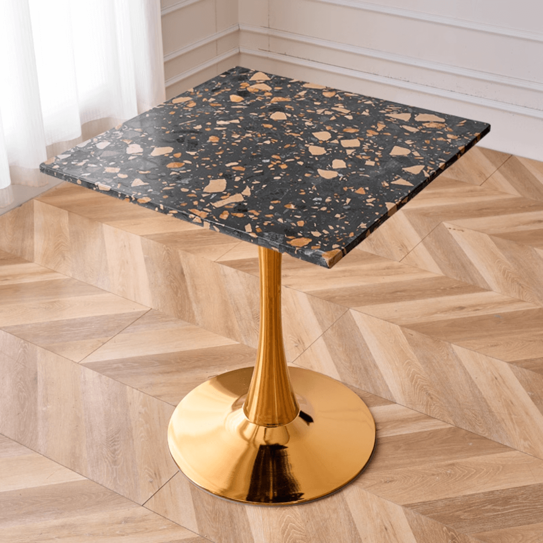Modern marble table with sturdy metal base, perfect for adding a timeless aesthetic to any space