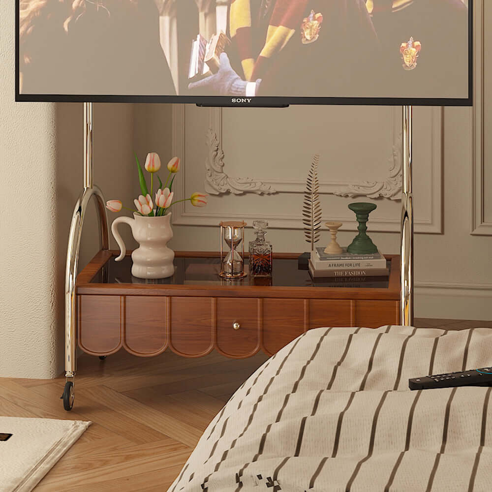 Small modern movable wooden TV stand and media console for living room