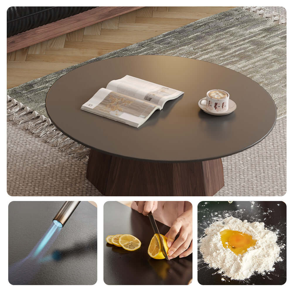 Round high-low coffee table made of solid wood and slate with built-in storage space