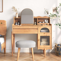 Wooden Makeup Vanity Table with Dressing Mirror & Drawers & Side Cabinet