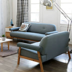 Black Scandinavian style small sofa with wood frame and faux leather upholstery