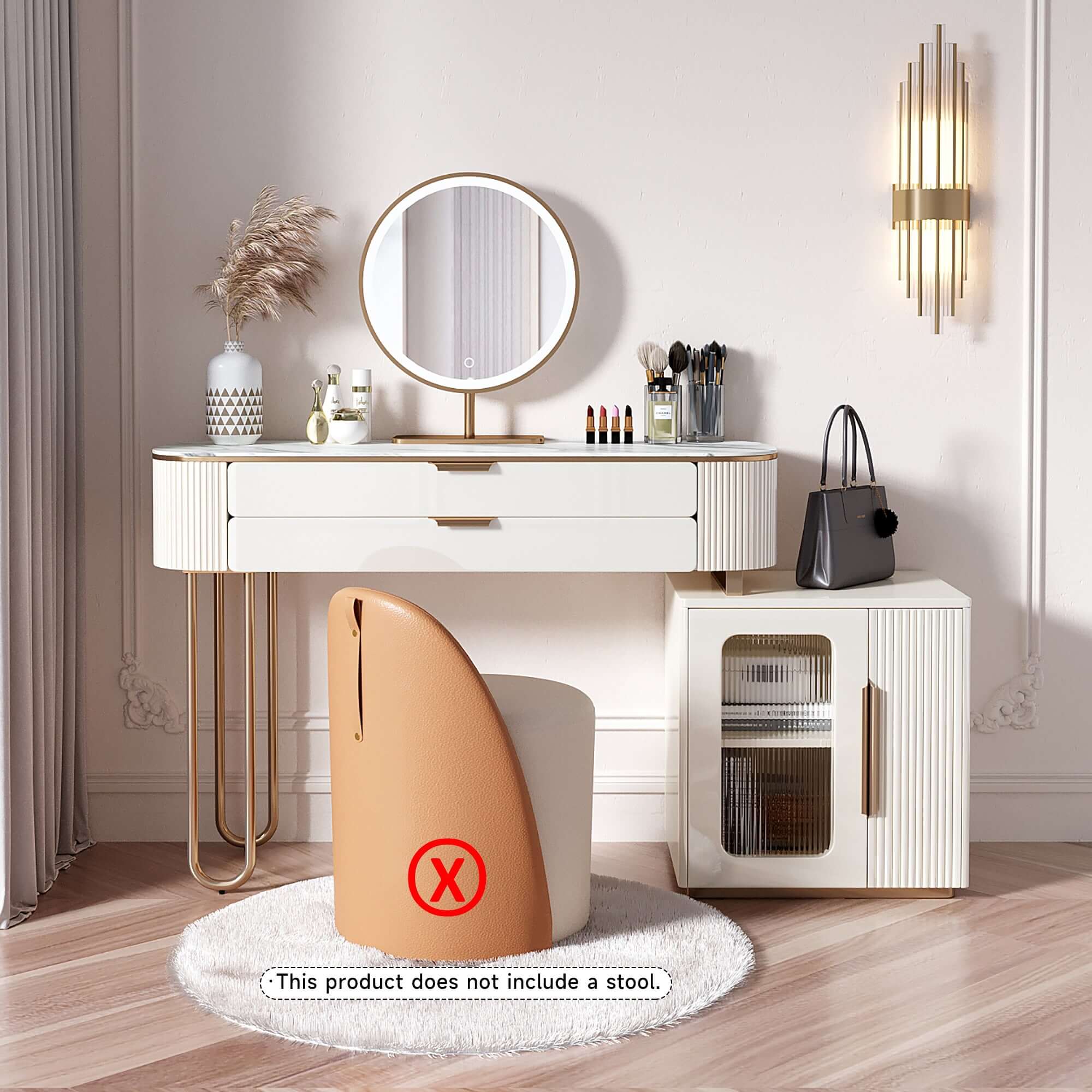 White modern makeup vanity table with LED lighted mirror and storage cabinet