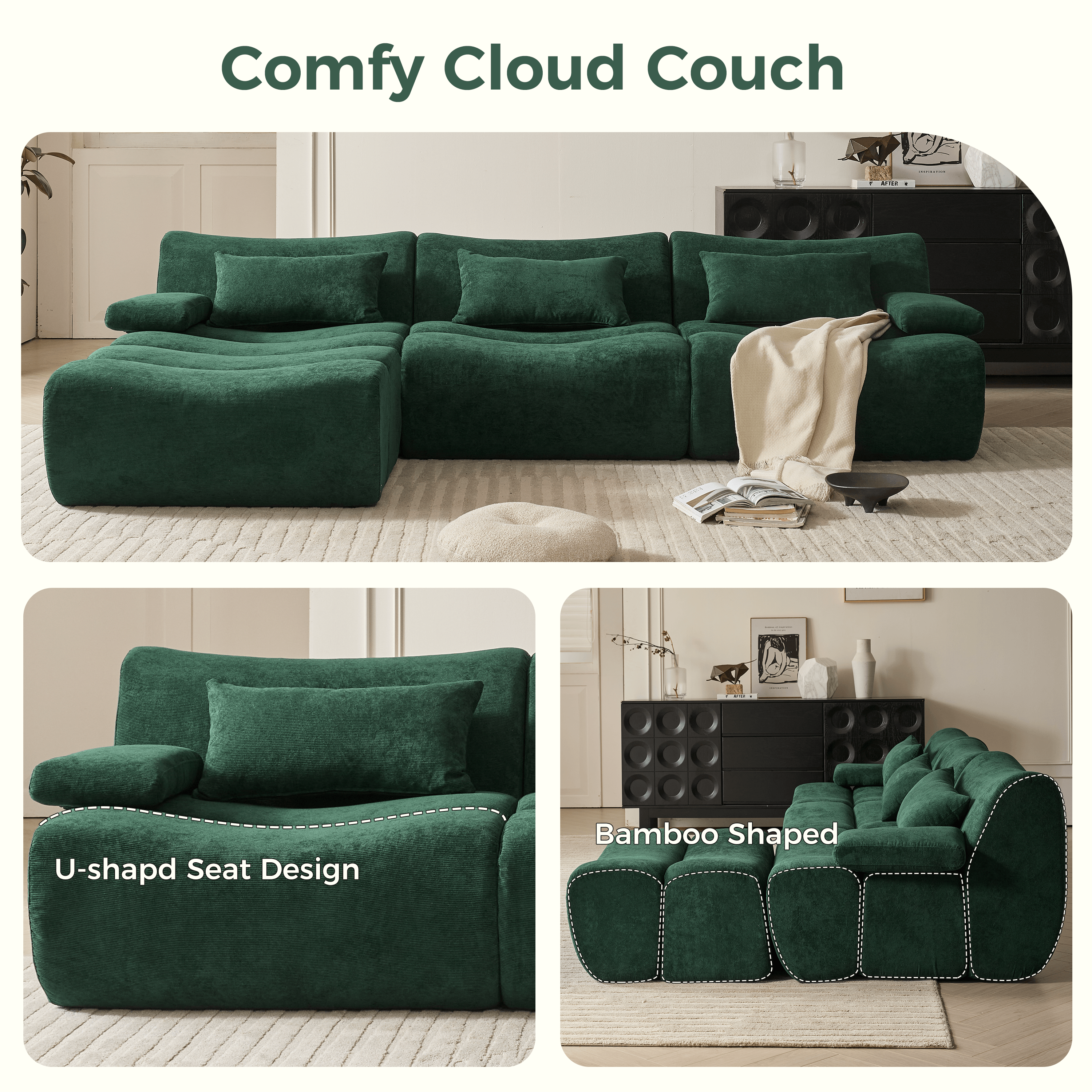 Green and brown modern corduroy sectional sofa with comfortable seating