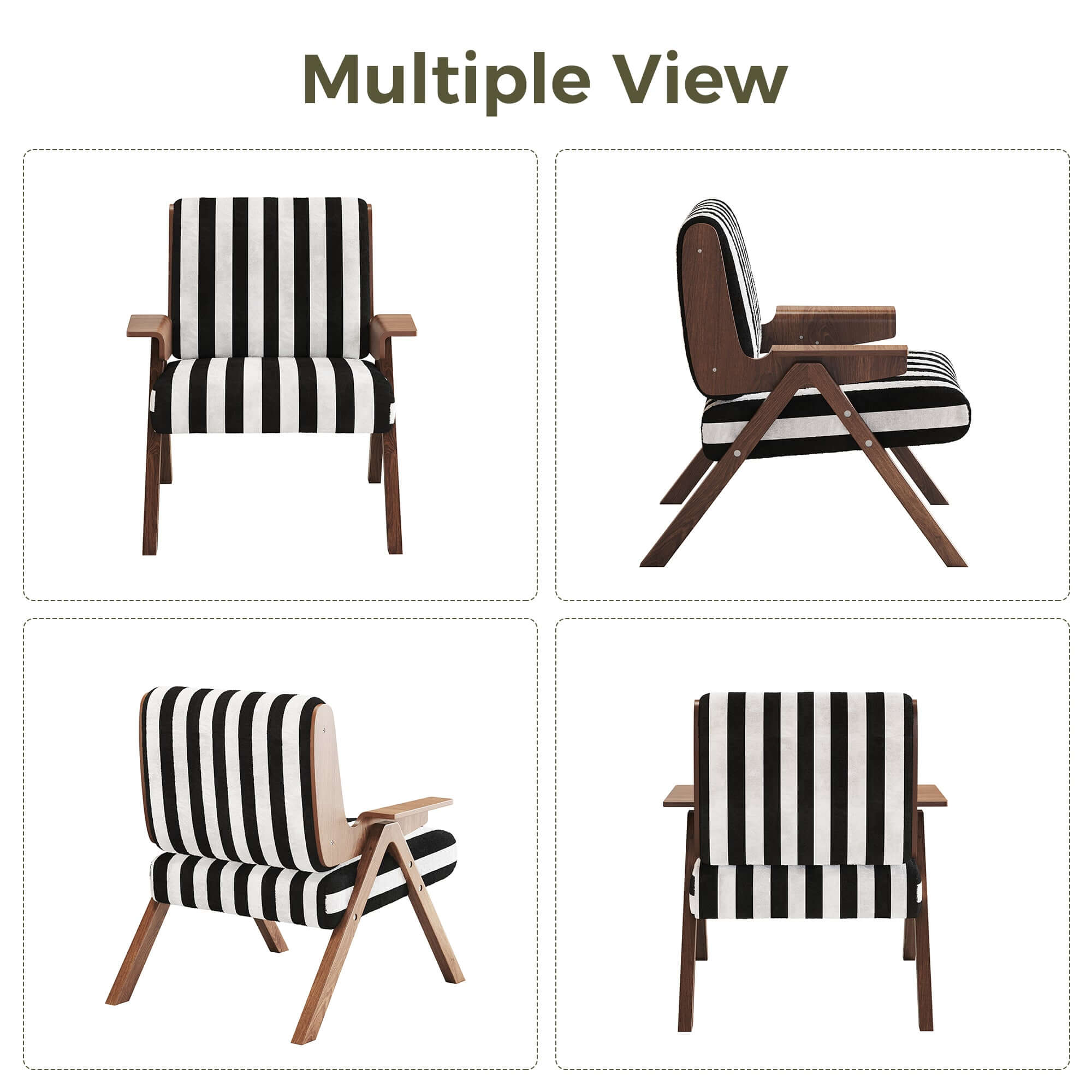 White modern accent armchair sofa with black stripes, stylish and comfortable seating