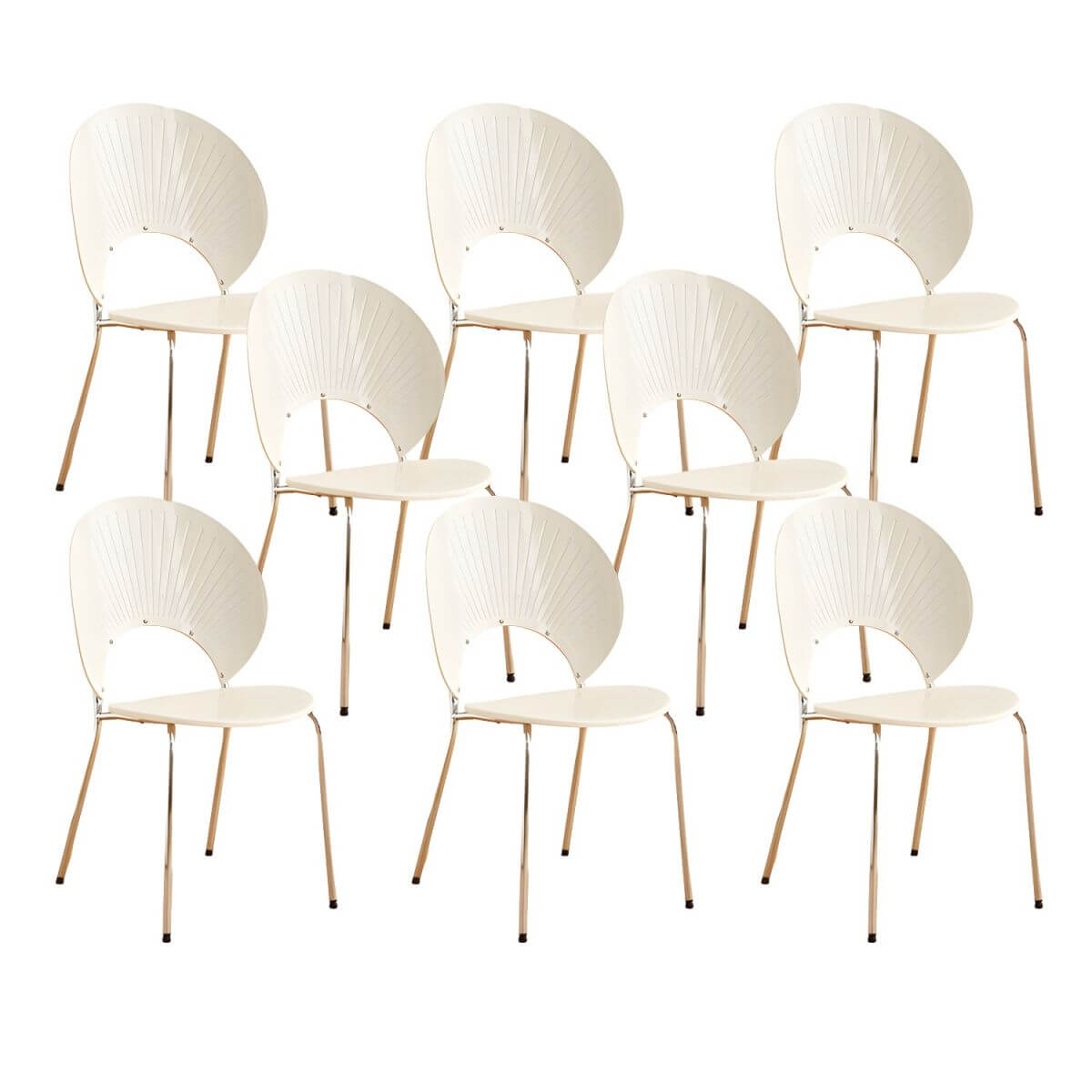 Stackable Scandinavian style dining chair with plastic seat, acrylic back, and silver legs