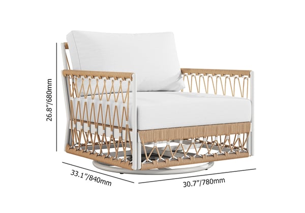 Outdoor 3-piece swivel sofa set with aluminum frame, weave rope, and side table in khaki
