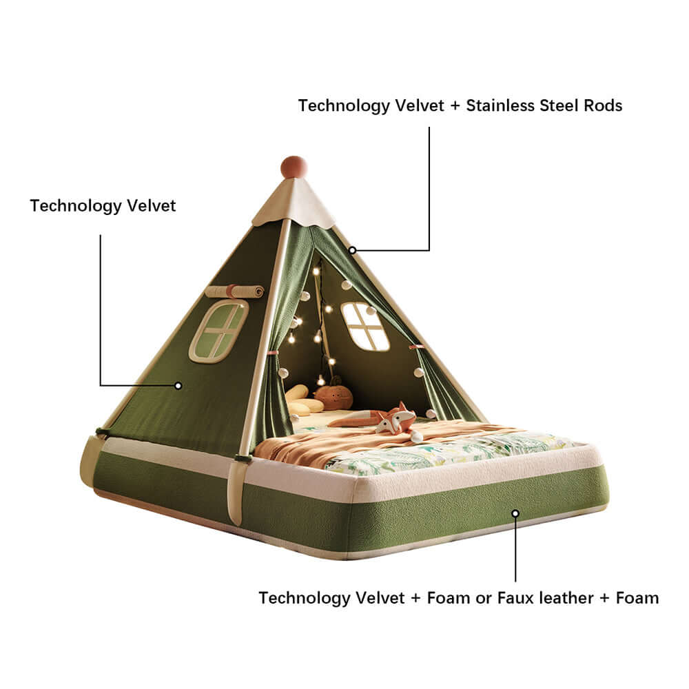 Christmas-themed upholstered kids tent bed providing a safe and festive play and rest space