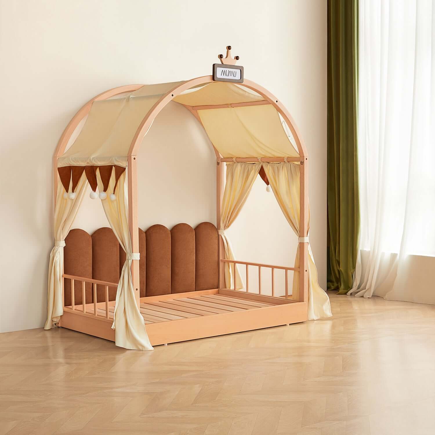 Extendable solid wood kids castle bed with canopy and upholstered headboard, converts from toddler to twin size
