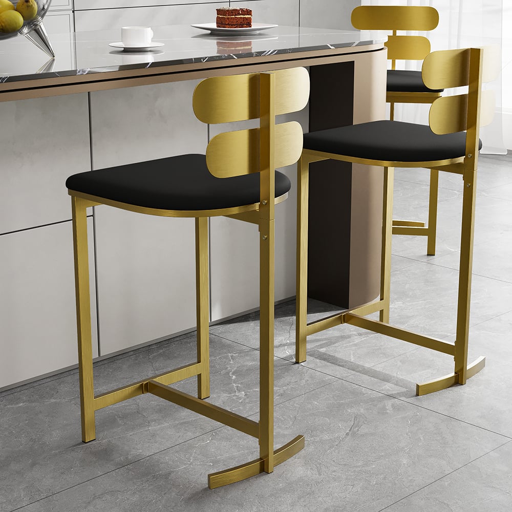 Set of four modern black PU leather counter stools with backrest for kitchen or breakfast bar