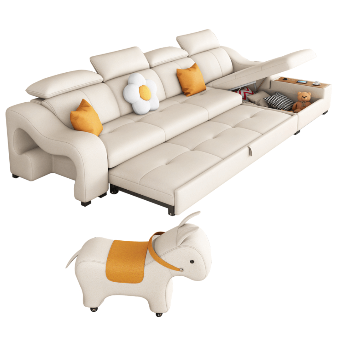 Space-saving sofa bed with a cute pony stool, perfect transformable furniture for small spaces